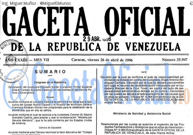 Gaceta Oficial 35947 del 26 Abril 1996