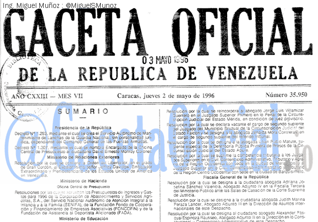 Gaceta Oficial 35950 del 2 Mayo 1996