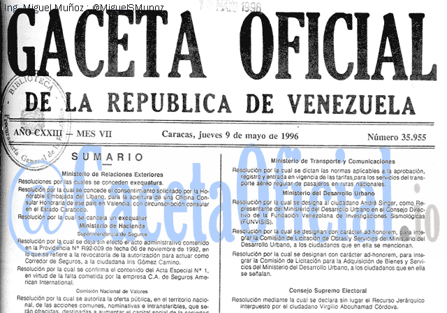 Gaceta Oficial 35955 del 9 Mayo 1996