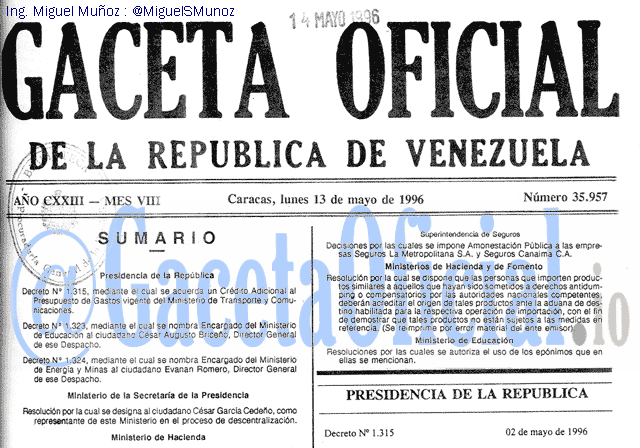 Gaceta Oficial 35957 del 13 Mayo 1996
