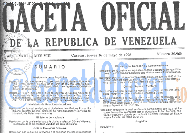Gaceta Oficial 35960 del 16 Mayo 1996