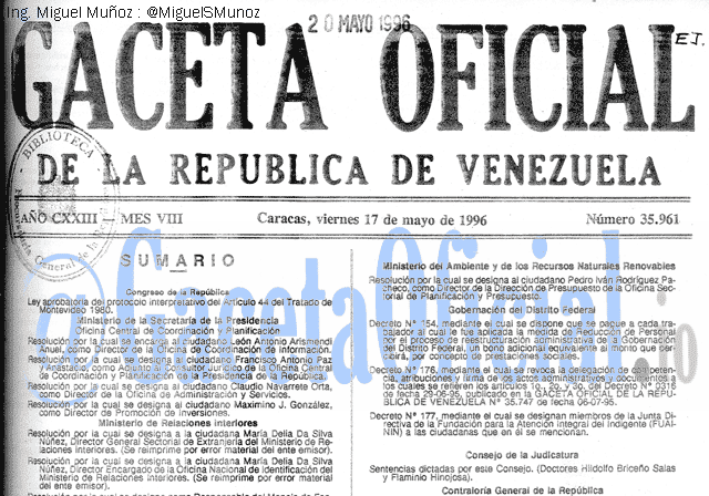 Gaceta Oficial 35961 del 17 Mayo 1996