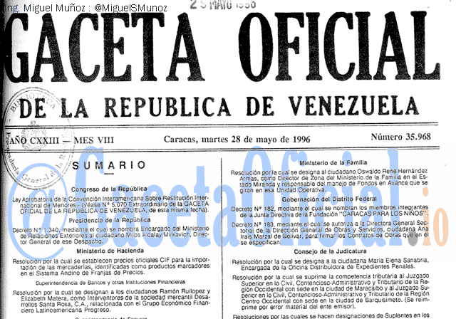 Gaceta Oficial 35968 del 28 Mayo 1996