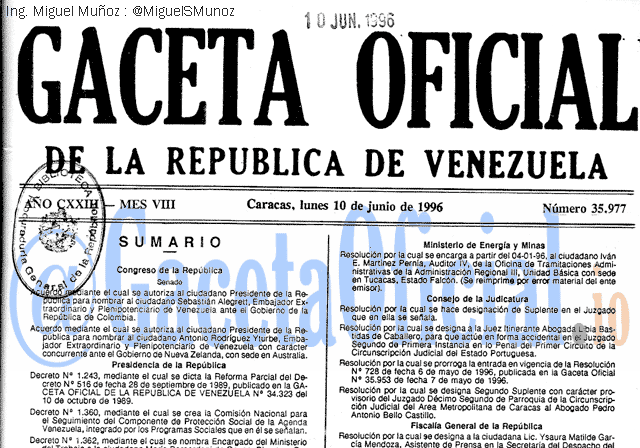 Gaceta Oficial 35977 del 10 Junio 1996