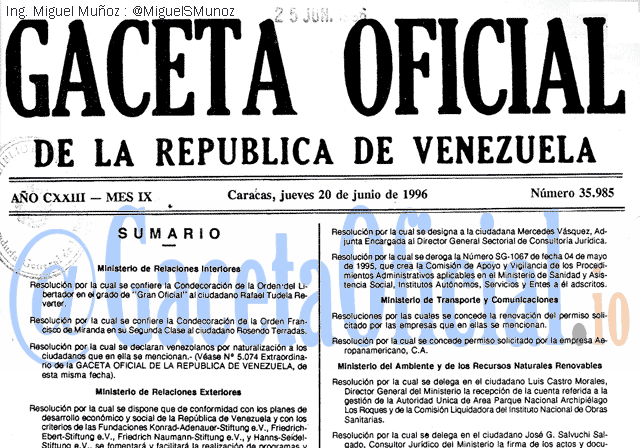 Gaceta Oficial 35985 del 20 Junio 1996