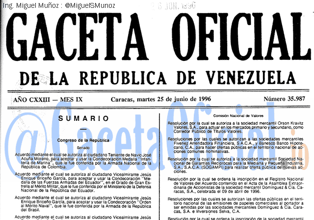 Gaceta Oficial 35987 del 25 Junio 1996