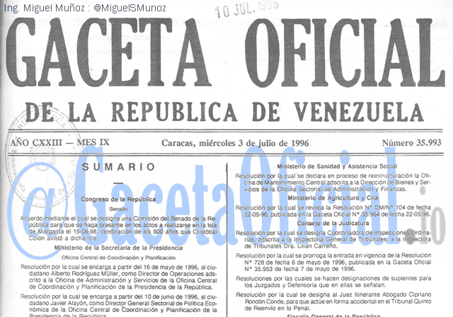 Gaceta Oficial 35993 del 3 Julio 1996
