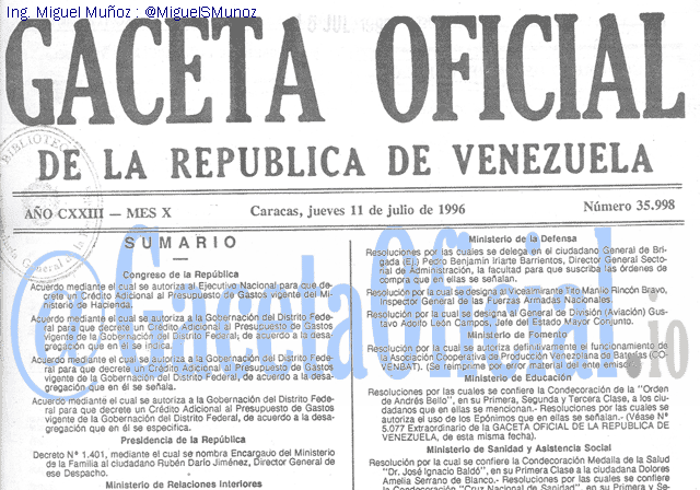 Gaceta Oficial 35998 del 11 Julio 1996