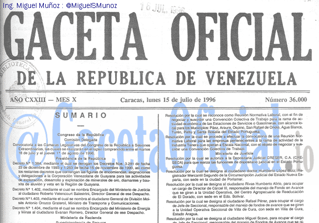 Gaceta Oficial 36000 del 15 Julio 1996