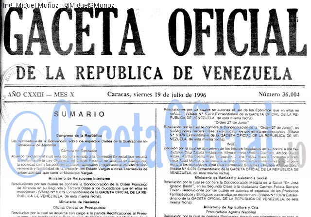Gaceta Oficial 36004 del 19 Julio 1996