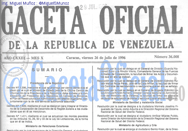 Gaceta Oficial 36008 del 26 Julio 1996