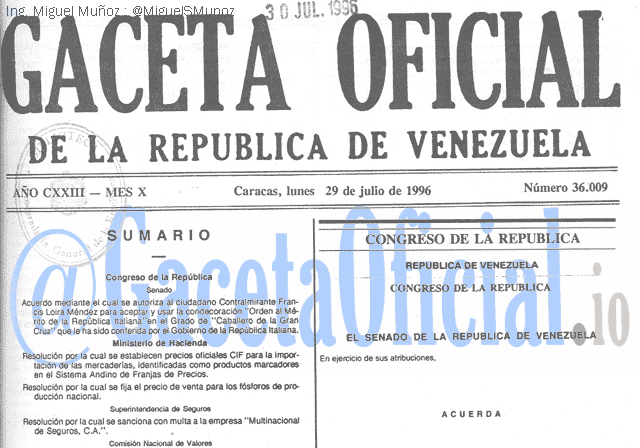 Gaceta Oficial 36009 del 29 Julio 1996
