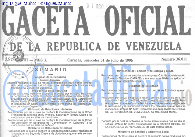 Gaceta Oficial 36011 del 31 Julio 1996
