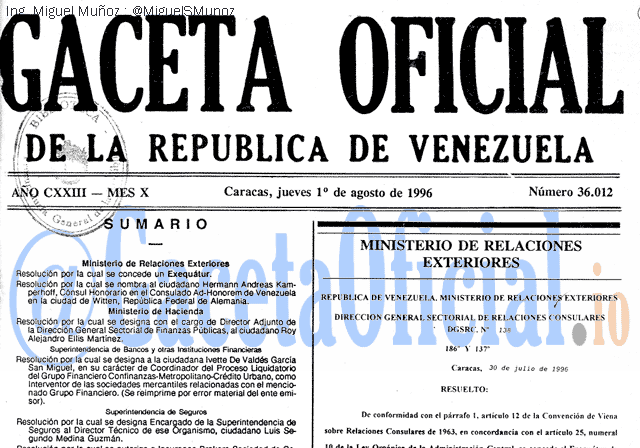 Gaceta Oficial 36012 del 1 Agosto 1996