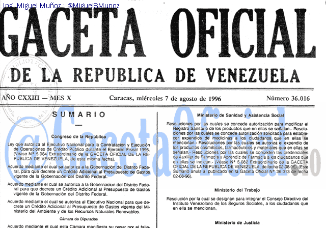 Gaceta Oficial 36016 del 7 Agosto 1996