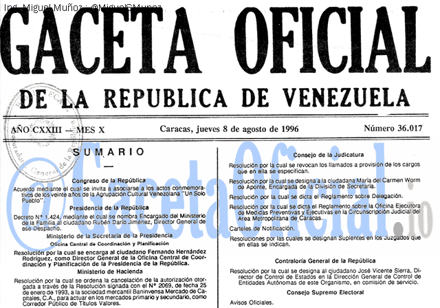 Gaceta Oficial 36017 del 8 Agosto 1996