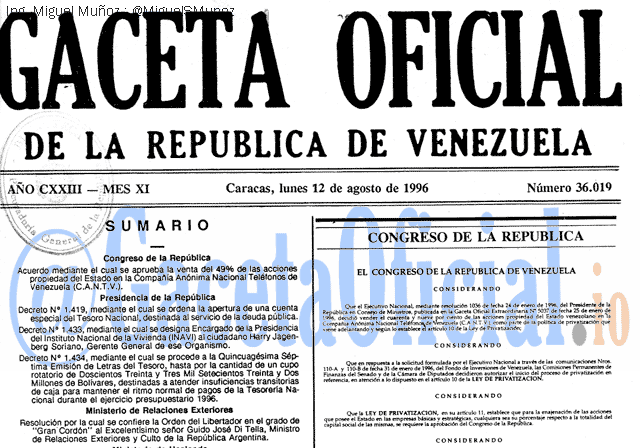 Gaceta Oficial 36019 del 12 Agosto 1996