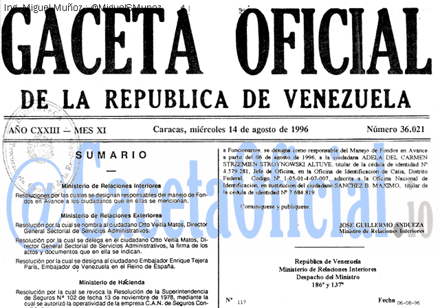 Gaceta Oficial 36021 del 14 Agosto 1996
