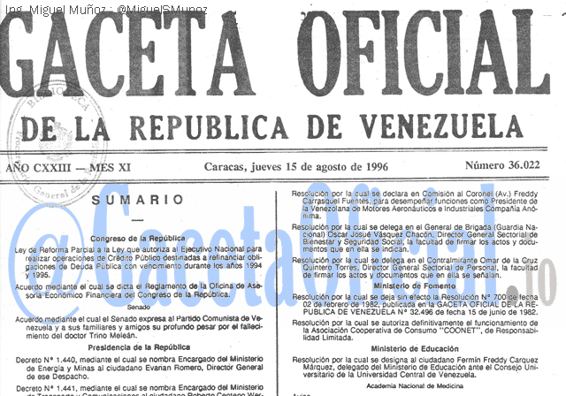Gaceta Oficial 36022 del 15 Agosto 1996
