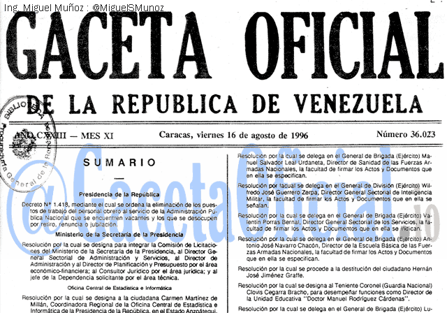 Gaceta Oficial 36023 del 16 Agosto 1996