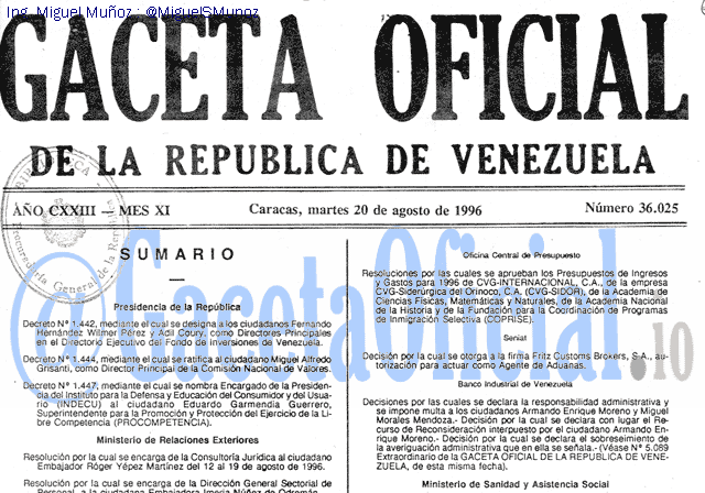 Gaceta Oficial 36025 del 20 Agosto 1996