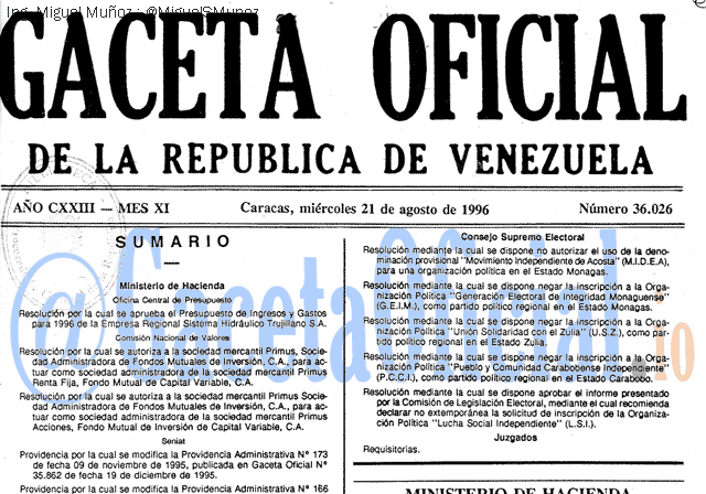 Gaceta Oficial 36026 del 21 Agosto 1996