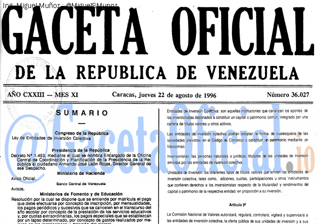 Gaceta Oficial 36027 del 22 Agosto 1996