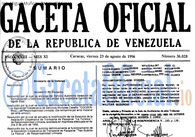Gaceta Oficial 36028 del 23 Agosto 1996