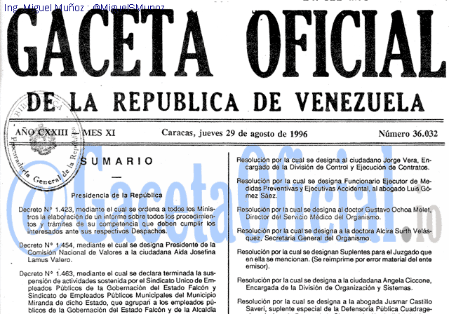 Gaceta Oficial 36032 del 29 Agosto 1996
