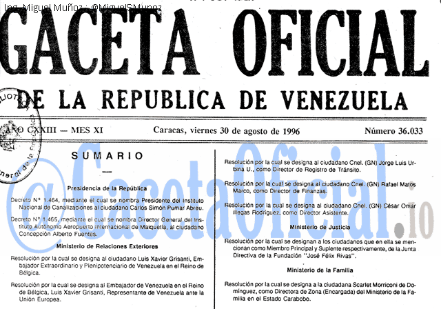 Gaceta Oficial 36033 del 30 Agosto 1996