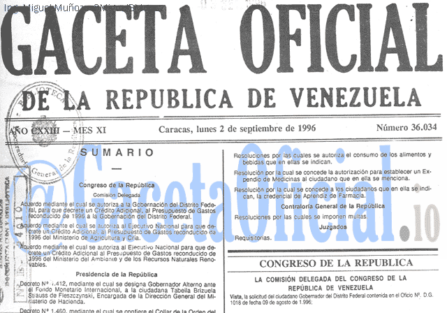Gaceta Oficial 36034 del 2 Septiembre 1996