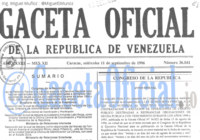 Gaceta Oficial 36041 del 11 Septiembre 1996