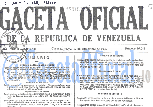 Gaceta Oficial 36042 del 12 Septiembre 1996