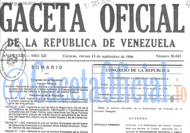 Gaceta Oficial 36043 del 13 Septiembre 1996