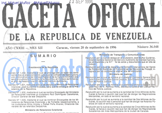 Gaceta Oficial 36048 del 20 Septiembre 1996