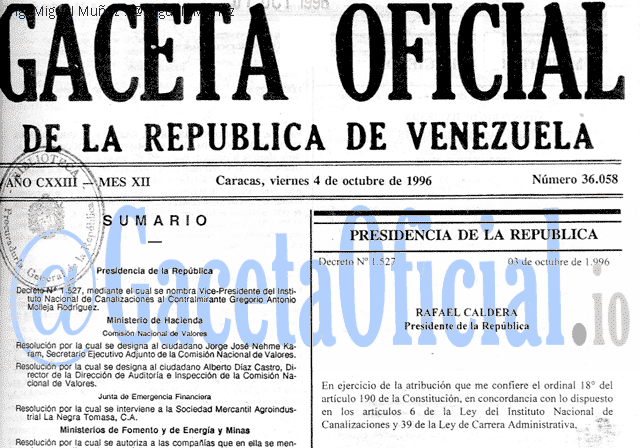 Gaceta Oficial 36058 del 4 Octubre 1996