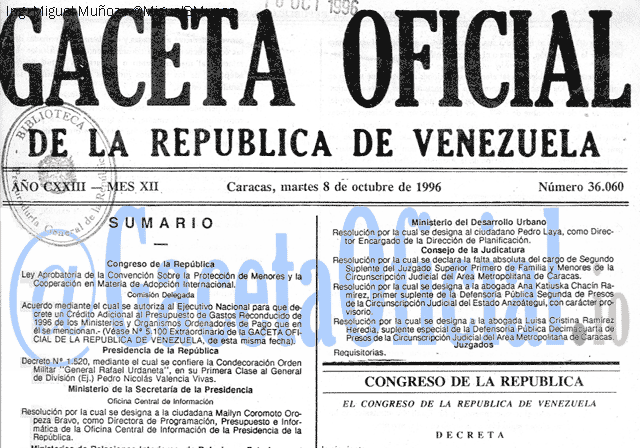 Gaceta Oficial 36060 del 8 Octubre 1996