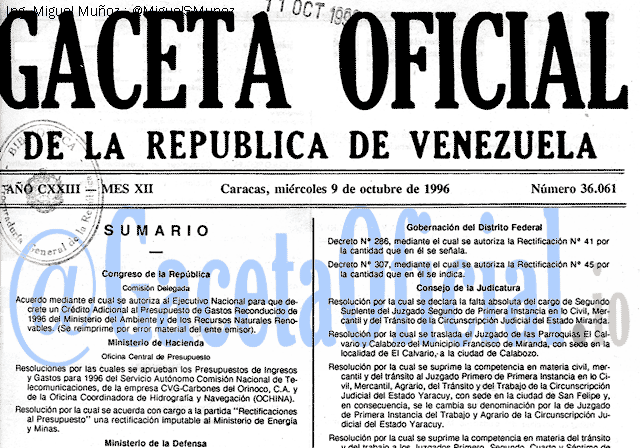 Gaceta Oficial 36061 del 9 Octubre 1996