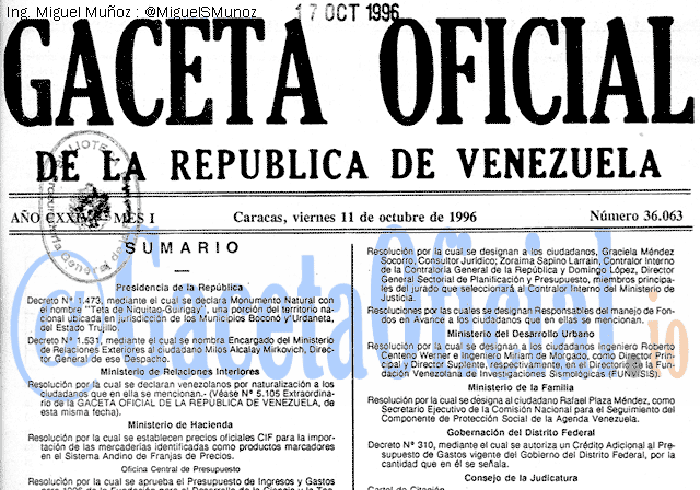Gaceta Oficial 36063 del 11 Octubre 1996