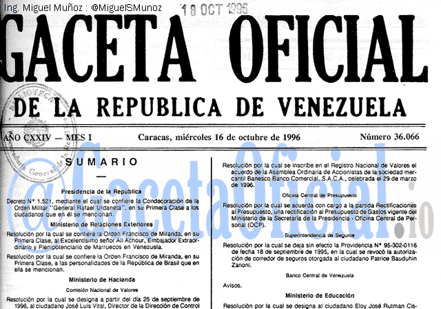 Gaceta Oficial 36066 del 16 Octubre 1996