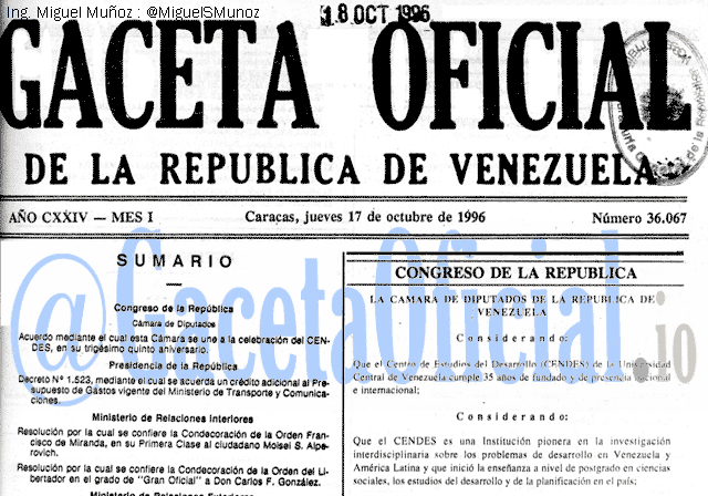 Gaceta Oficial 36067 del 17 Octubre 1996