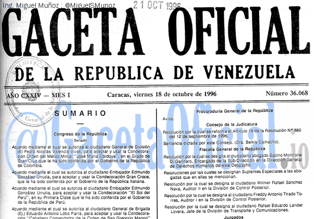 Gaceta Oficial 36068 del 18 Octubre 1996