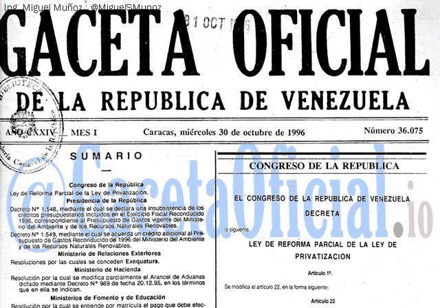 Gaceta Oficial 36075 del 30 Octubre 1996