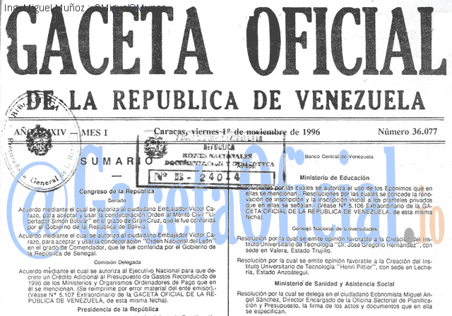 Gaceta Oficial 36077 del 1 Noviembre 1996