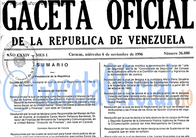 Gaceta Oficial 36080 del 6 Noviembre 1996