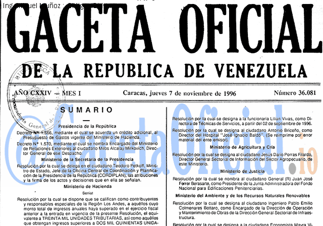 Gaceta Oficial 36081 del 7 Noviembre 1996