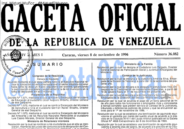 Gaceta Oficial 36082 del 8 Noviembre 1996