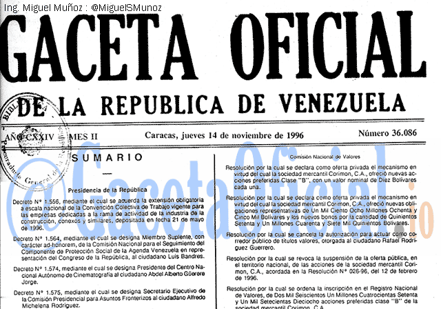 Gaceta Oficial 36086 del 14 Noviembre 1996