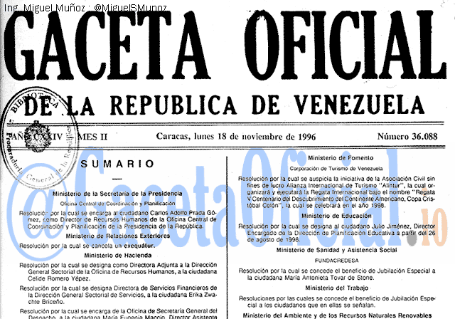 Gaceta Oficial 36088 del 18 Noviembre 1996