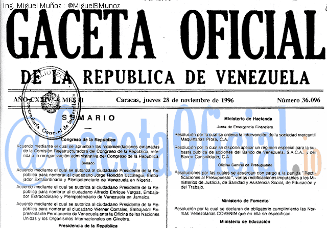 Gaceta Oficial 36096 del 28 Noviembre 1996
